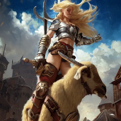 Image similar to a blonde paladin woman holding her shield up fighting a giant goat on the streets of a fantasy town, d & d, fantasy, highly detailed, digital painting, artstation, concept art, character art, art by greg rutkowski and tyler jacobson and alphonse mucha