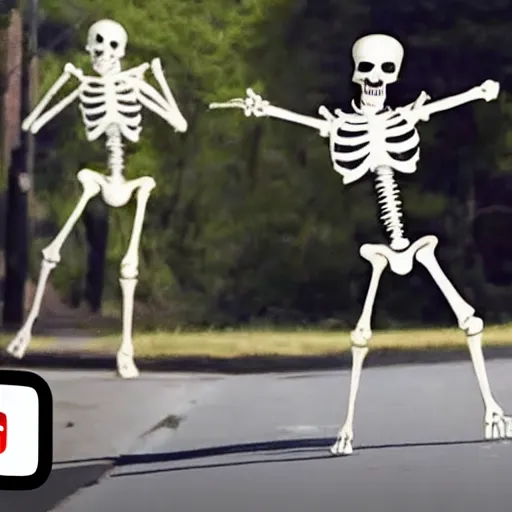 Prompt: youtube video thumbnail of skeleton dancing in the middle of the road