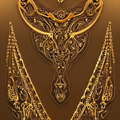 Prompt: Filigree gold chain jewlery on black cloth robes, ultra detailed, trending on artstation,