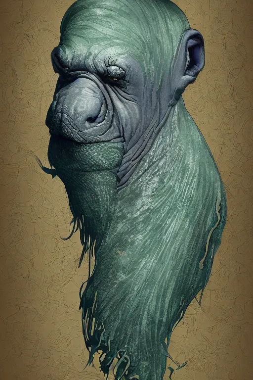 Image similar to portrait of a old man with cracked manatee skin. dark blue-green hair, shaved, dark flower pattern wallpaper background, high detail, by Eddie Mendoza