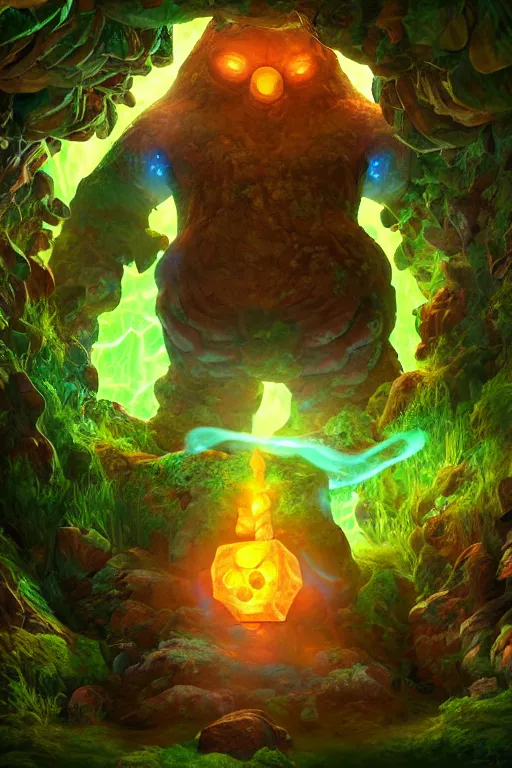 Image similar to arcane fantasy art giant golem elemental wood rock bastion forged gemstone enchanted forest troll, global illumination ray tracing hdr fanart arstation by sung choi and eric pfeiffer and gabriel garza and casper konefal lisa frank zbrush central hardmesh radiating a glowing aura