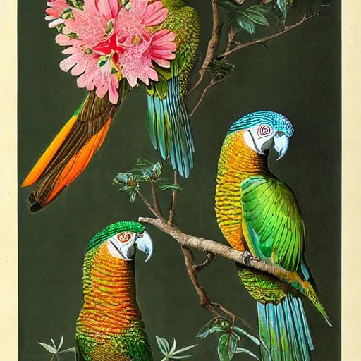 Image similar to beautiful elegant ernst haeckel fauna illustration of many greek cheek conures!!!!!! and flowers, ( greek cheek conure ) ( green cheeked parakeet ) ( pyrrhura molinae )