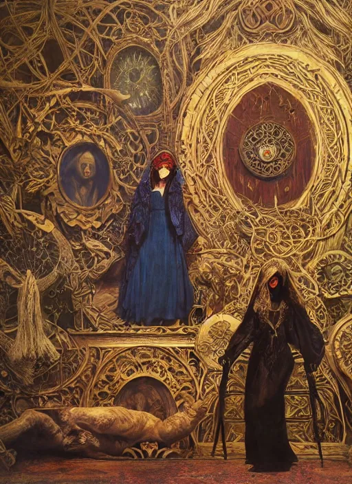 Image similar to picture inside covens den, textless hyper ornate wiccan masks, intricate wiccan scene detailing, highly detailed, lifelike, photorealistic, diffuse lighting, hdrp render, artstation, unreal 5, smooth, sharp focus, art by john collier, albert aublet, krenz cushart, artem demura, alphonse mucha