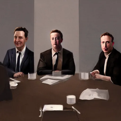 Image similar to portrait of elon musk, mark zuckerberg, jeff bezos, in meeting together, same table, very detailed, art contest winner on behance, trendy on deviant art, by by artgem, greg rutkowski