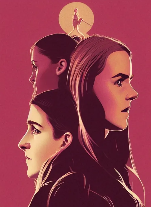 Image similar to poster artwork by Michael Whelan and Tomer Hanuka, Karol Bak of Emma Watson and Kiernan Shipka in beauty pageant, from scene from Twin Peaks, clean, simple illustration, nostalgic, domestic, full of details