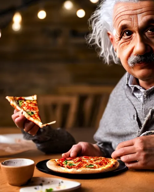 Image similar to A photo of Albert Einstein eating pizza , highly detailed, trending on artstation, bokeh, 90mm, f/1.4