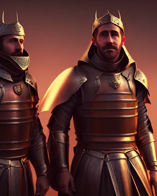 Image similar to portrait of ryan gosling and jake gyllenhaal as medieval knights rendered in unreal engine 5, by wlop, greg rutkowski, and peter mohrbacher, octane render, ultra high detail, 3 d, extremely detailed shading, concept art, character design, trending on artstation, atmosphere, glow, cinematic lighting, full of color