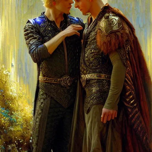 Image similar to stunning arthur pendragon in love with stunning male merlin the mage. they are close to each other, touching, looking. highly detailed painting by gaston bussiere, craig mullins, j. c. leyendecker