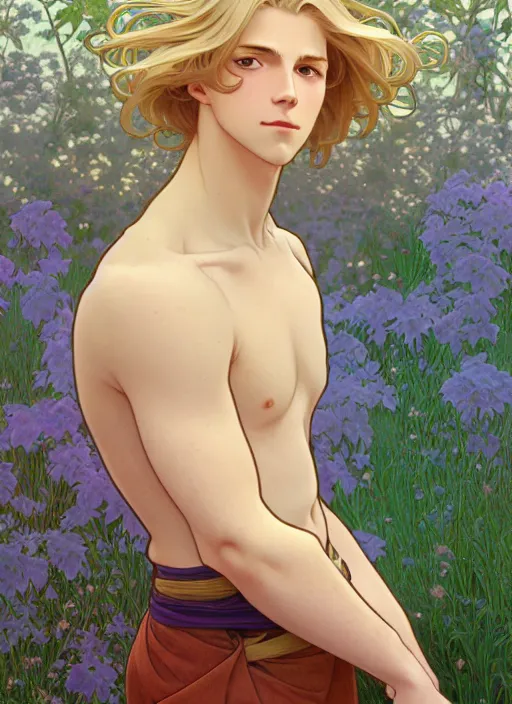 Image similar to pretty young man with shoulder length blond hair, male, half body shot, path traced, highly detailed, high quality, digital painting, by studio ghibli and alphonse mucha, leesha hannigan, hidari, art nouveau, chiho aoshima