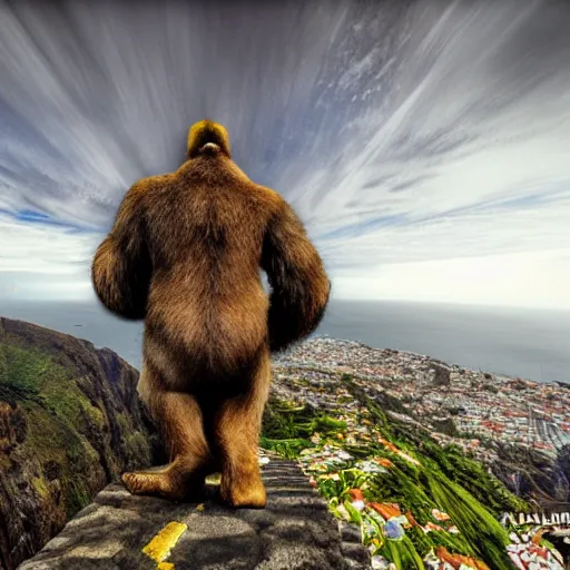 Image similar to king kong walking over madeira island in funchal city, trampled, cinematic shot, realistic, hdr, color, wide shot, gigantic