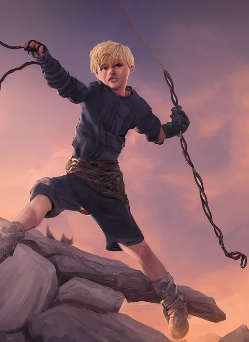 Image similar to An epic fantasy comic book style portrait painting of a young blonde boy thief launching grappling rope from a device worn on his wrist, unreal 5, DAZ, hyperrealistic, octane render, cosplay, RPG portrait, dynamic lighting