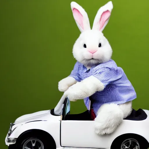 Prompt: easter bunny riding a convertible, studio photo, high quality