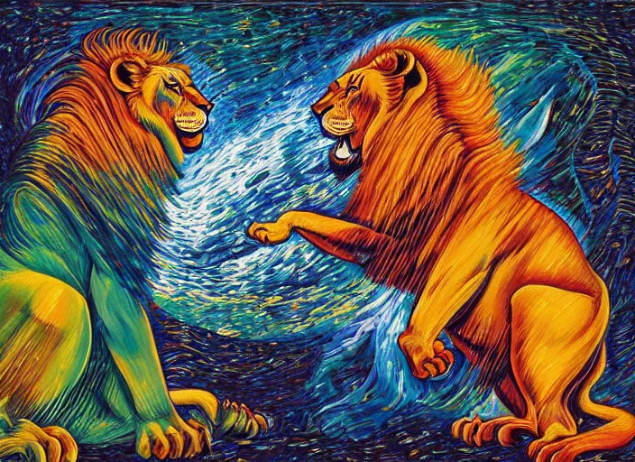 Image similar to An oil on canvas painting of two lions, void vortex, cosmic, by Dan Mumford and Umberto Boccioni,, aesthetically pleasing composition, masterpiece, ultra-realistic, super realistic, 4k, 8k