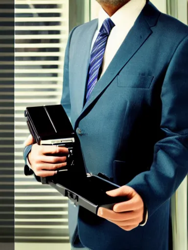 Image similar to businessman holding a nintendo gamecube like a briefcase, nintendo advertisement