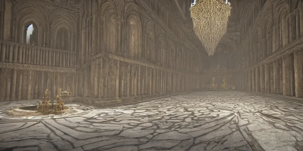 Image similar to the grand halls of anor londo, marble floors, art by kotaro chiba, volumetric lighting, epic composition