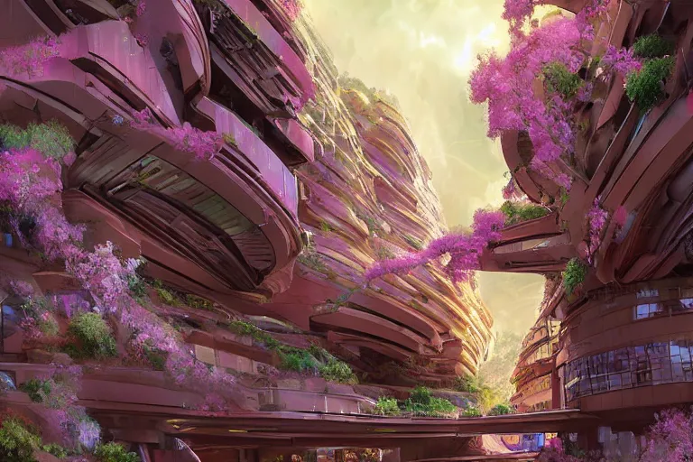 Image similar to futuristic cyberpunk city, advance civilization, luxurious streets, with lush Italian sakura garden located on Waimea canyon in Kauai, rocks formed by water erosion, beautiful smooth sandstone in unique shapes with light beams that shine through its walls, polish narrow slots of walls into a striated swirling finish, digital painting, concept art, smooth, sharp focus, from Star Trek 2021, illustration, by WLOP and Ruan Jia and Mandy Jurgens and William-Adolphe Bouguereau, Artgerm