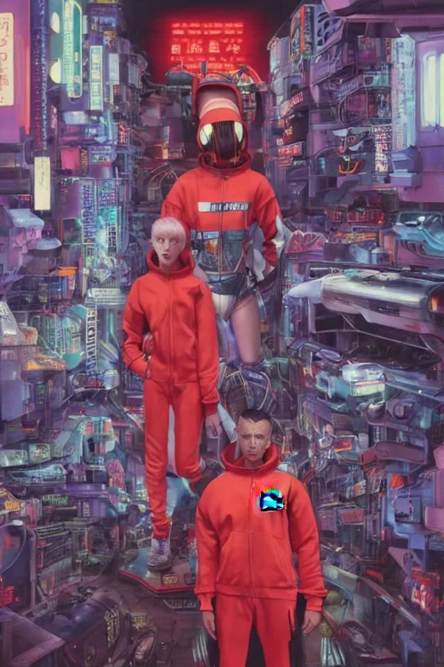 Prompt: CHAPPIE In A Red Adidas Track Suit In Neo Tokyo with Die Antwoord and Aphex Twin DJing in the Background , full figure, stormy weather, extremely detailed masterpiece, low-key neon lighting, artstation, 2001: A Space Odyssey, Roger Deakin’s cinematography, by J. C. Leyendecker and Peter Paul Rubens and Edward Hopper and Michael Sowa