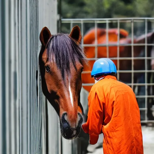 Image similar to horse with orange inmate clothes, in a jail