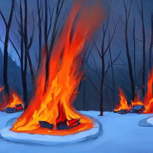 Image similar to a camp with tents on fire, burning down, shadows of 3 girls watching the camp burn, snow, painted by Sylvain Sarrailh