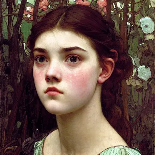 Prompt: a realistic face portrait of a teenage girl who looks like Uma Thurmond and Anya Taylor Joy with an anxious expression and parted lips, wearing mechanical robotic battle armor, by John William Waterhouse, Frederic Leighton, Alphonse Mucha, Edward Burne Jones