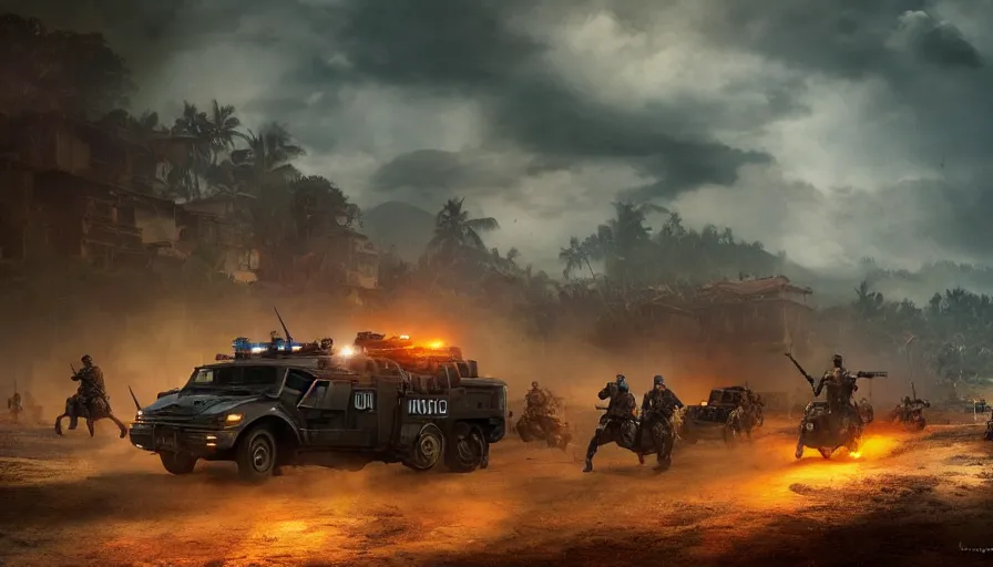 Image similar to a militarized police vehicle riding through a kerala village, furious action scene, an epic fantasy, dramatic lighting, cinematic, establishing shot, extremely high detail, photorealistic, cinematic lighting, artstation, matte painting, octane render, hdr, by Christopher Nolan, horizon forbidden west