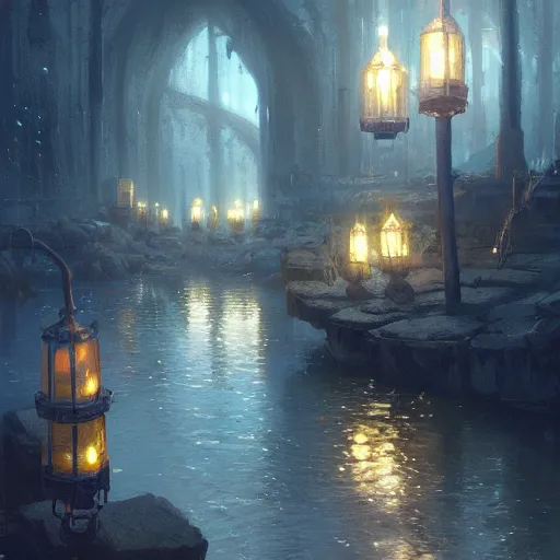 Prompt: concept art, river lanterns, by james gurney, greg rutkowski, john howe, artstation