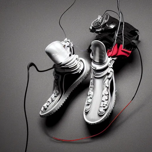 Image similar to futuristic balenciaga and vetements sneakers made out of live parts, cable, nerves, organs, by cronenberg, ultra rendered extreme realism and detail, 8 k, highly detailed, realistic, completely framed, pbr, surreal, hyper realistic, colorful, direct lighting, 3 5 mm photo, photorealistic, sharp focus,