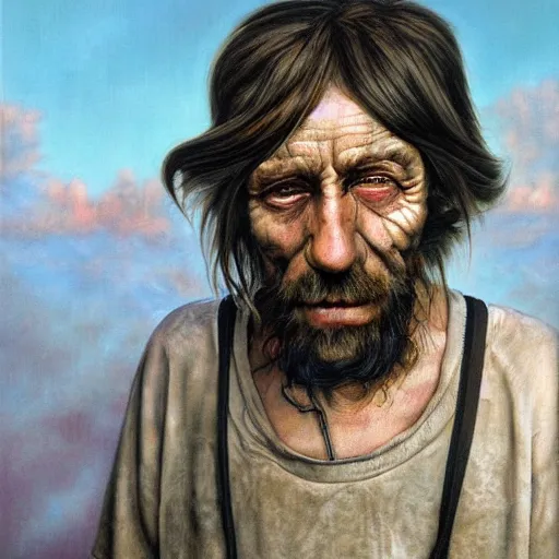 Prompt: portrait of a hobo, painted by trevor brown