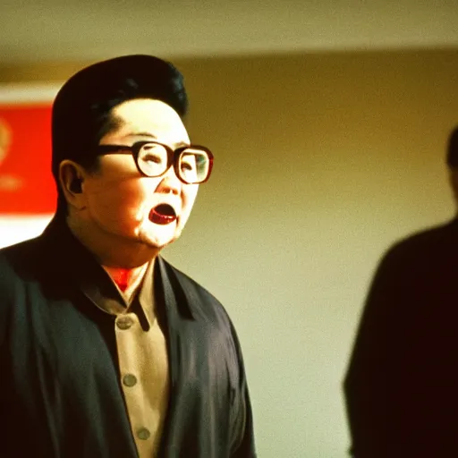 Image similar to movie still of Kim Jong-il wearing a white hockey mask in the role of Jason Voorhees from Friday the 13th, Cooke Varotal 20-100mm T3.1, 35mm film