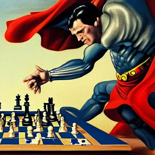 Prompt: superman alien playing chess looking wise, rococo oil painting, highly detailed