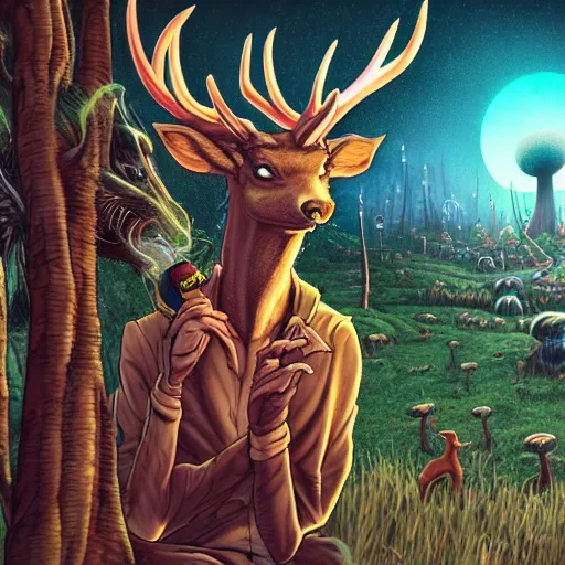 Image similar to 4 k headshot portrait of a psychedelic demonic anthropomorphic deer - horned wendigo smoking a hand - rolled cigarette smoking heavily, magic mushroom village in background. award winning. superb resolution. in the art style of junji ito and greg rutkowski. detailed mushroom city in background. hyper realistic anime. perfect art. dalle 2