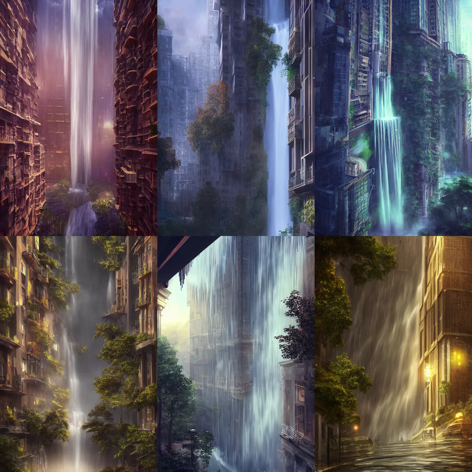 Prompt: waterfall cascading down a tall building on to street below, soft lighting,, misty, trending on art station fantasy art, global illumination, radiant light, detailed and intricate environment