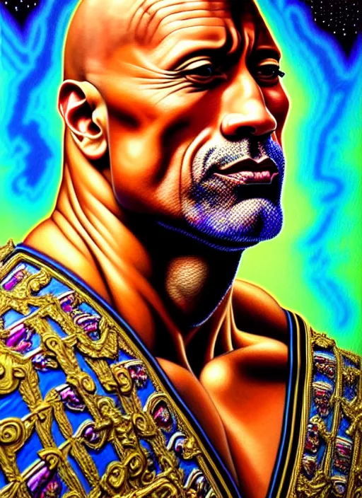 Image similar to beautiful oil painting, full length portrait of dwayne the rock Johnson in baroque coronation robes 1701, Dan Mumford, Dan Mumford, Alex grey, hyacinthe rigaurd, highly detailed , lsd visuals, dmt fractal patterns, visionary art, psychedelic art, ornate, vaporwave, baroque, Greg rutkowski