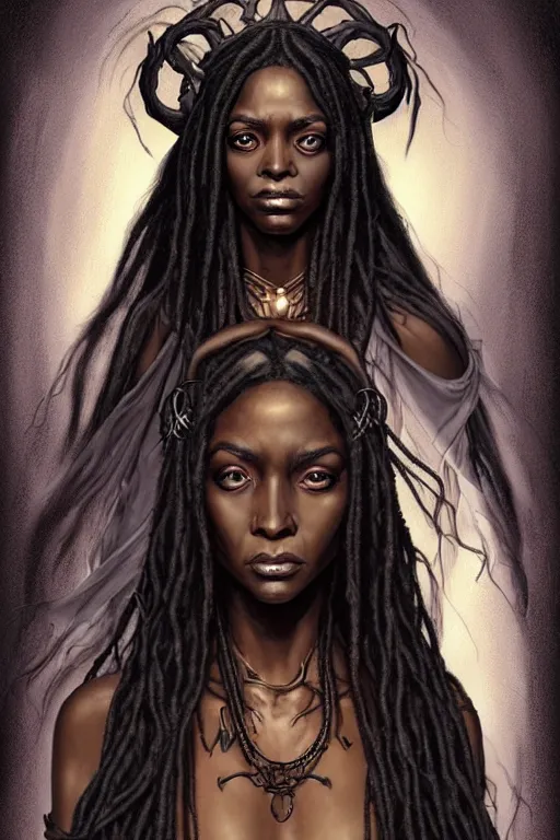 Prompt: ancient black woman crone with long scraggly hair wearing rags, character portrait wearing black silk looking over one shoulder, concept art, intricate details, highly detailed photorealistic portrait in the style of adam hughes, seseon yoon, artgerm and warren louw