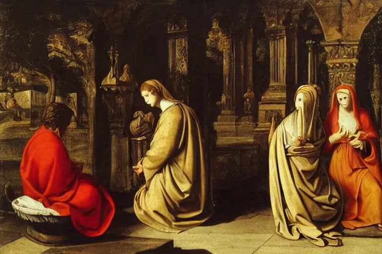 Prompt: the three marys mourning at the sepulchre, alessandro allori