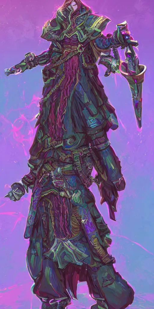 Prompt: highly detailed concept art sorcerer with long hair wearing glitch! artifacted pixellated armor, cell shaded graphics, cmyk color pallete