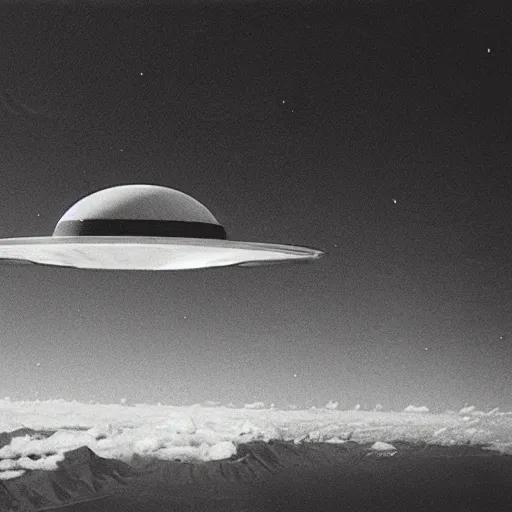 Prompt: a ufo seen on top of a mountain seen from an airplane, vintage photo, old, grainy, sepia