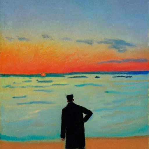 Image similar to a fauvist painting of a man holding his coat, on an empty beach at sunrise, long shadows,