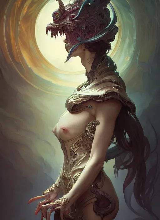 Image similar to summoner with a cute death elemental, fantasy, intricate, elegant, highly detailed, digital painting, artstation, concept art, wallpaper, smooth, sharp focus, illustration, art by artgerm and greg rutkowski and alphonse mucha
