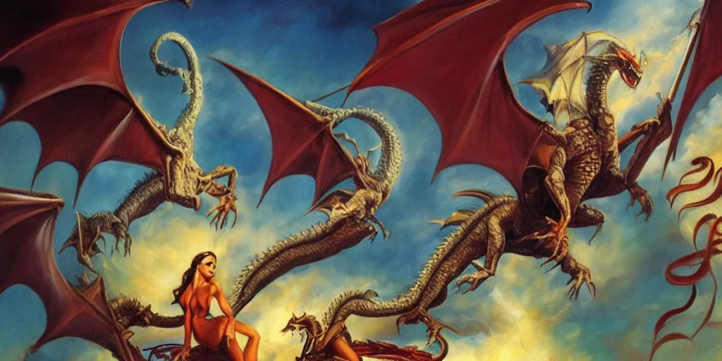 Image similar to boris Vallejo painting of a dragon and a witch