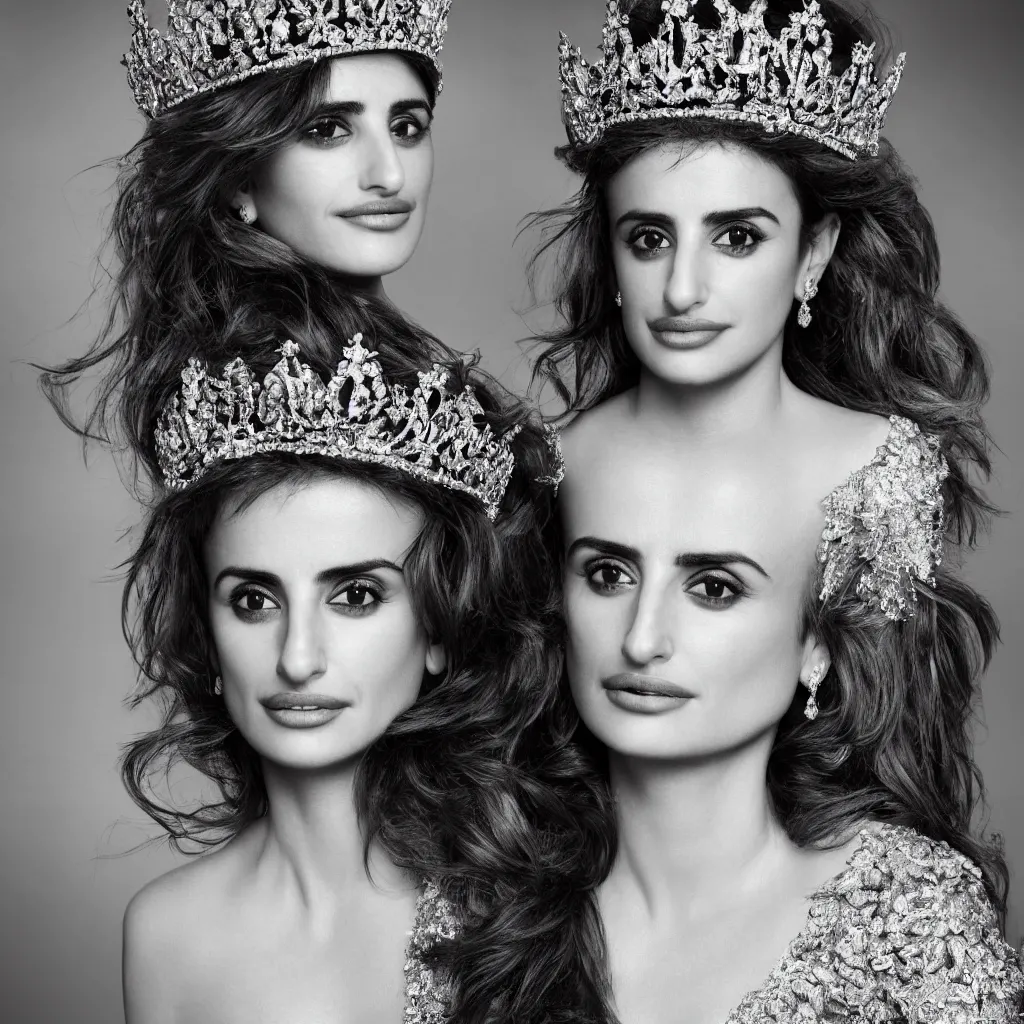 Image similar to penelope cruz as the princess of england, big crown adorned with emerald, diamonds, topaz, gold, ruby and other jewellaries, sensual, beautiful soft light failling on her face, zoomed out, studio photography, nikon 3 5 mm portrait photography, ultra realistic