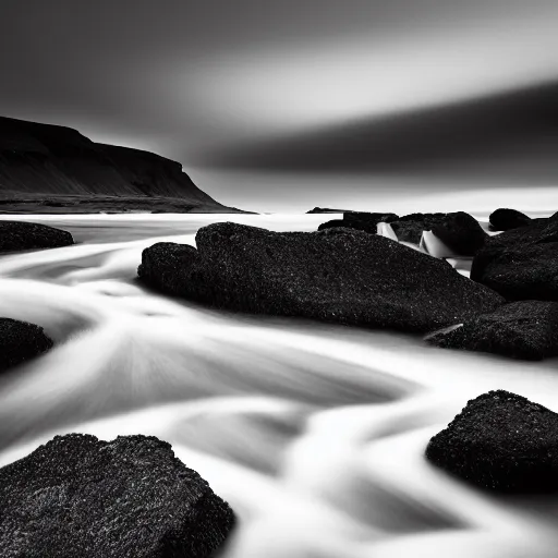 Image similar to minimalist black and white photograph of an icelandic valley, time exposure, of a river, sharp tall pillars, sharp rocks
