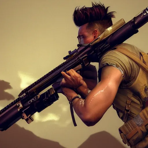 Prompt: hyperrealistic image of ace ventura firing an lmg, stunning 3 d render, inspired by istvan sandorfi & greg rutkowski & unreal engine, perfect symmetry, dim volumetric cinematic lighting, 8 k octane comprehensive render, extremely hyper - detailed, incredibly lifelike attributes, intricate, real flesh texture, masterpiece, artstation, stunning,