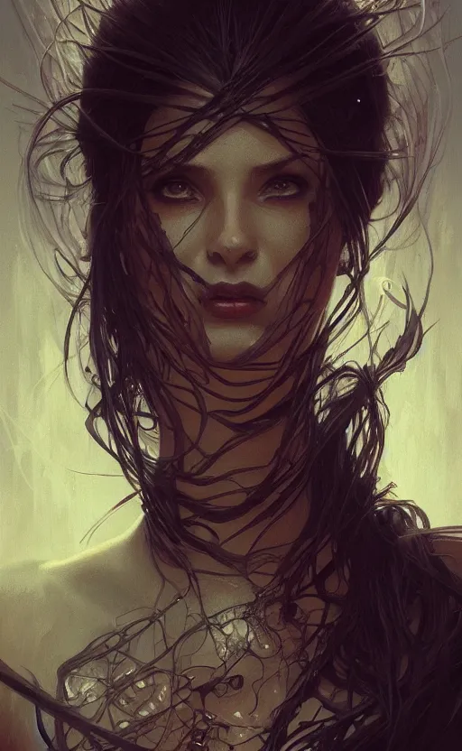 Image similar to portrait of a dark goddess, dark filaments, shadows, menacing, frightening, intricate, headshot, highly detailed, digital painting, artstation, concept art, sharp focus, cinematic lighting, illustration, art by artgerm and greg rutkowski, alphonse mucha, cgsociety