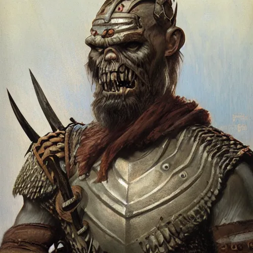 Prompt: rough-skinned, short-bearded undead Viking draugr warrior with ice-pale skin wearing brutalist plate armor with art deco knotwork, by Greg Rutkowski, Brom, and Alphonse Mucha