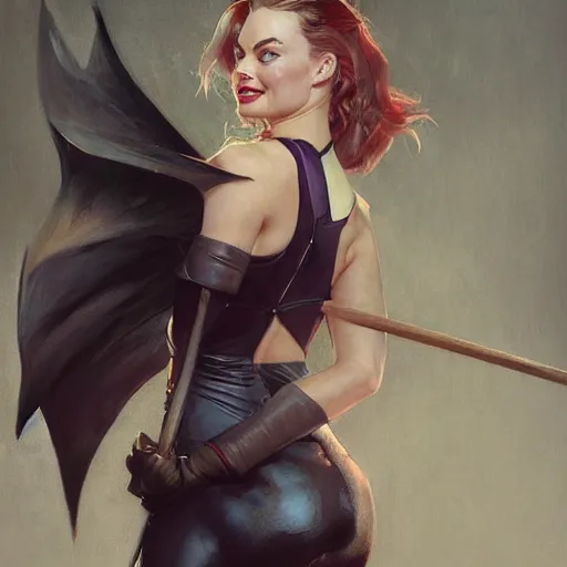 Image similar to margot Robbie as bat girl, painting, by Stanley Artgerm Lau, artstation, greg rutkowski, thomas kindkade, alphonse mucha, loish, norman Rockwell,