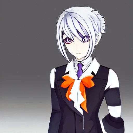 Image similar to Visual novel sprite of a young woman, silver hair and orange eyes, wearing an elegant suit, having a cool and reasoning expression, Danganronpa style