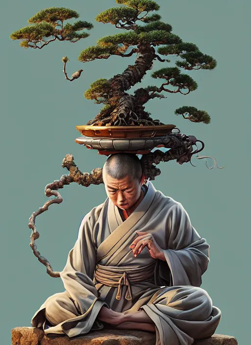 Image similar to shinto monk with a bonsai growing out of his head, intricate, rim light, octane render, by jesper ejsing, james jean, justin gerard, tomasz alen kopera, cgsociety and fenghua zhong, highly detailed, art, cinematic lighting, very coherent, hyper realism, high detail, 8 k