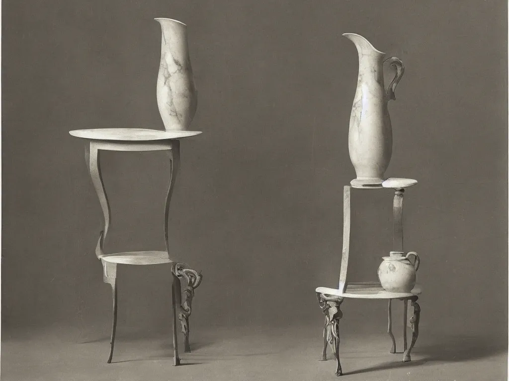 Image similar to renaissance marble chair with vase, pot, jug. karl blossfeldt, salvador dali