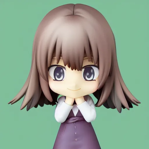 Image similar to character face portrait of a singular kawaii chibi in the sytle of kyoto animation, in simple background, nendoroid eyes, blender, toon rendering